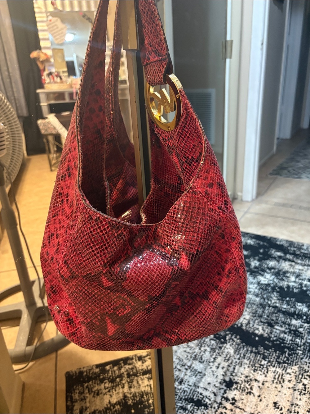 Michael Kors Red Snake-Print Hobo Shoulder Bag with Gold Logo Charm